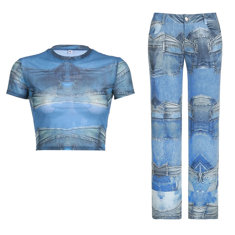 

Summer Women Tshirt Skinny Pants Suits Light Blue Irregular Patchwork Imitation Denim Print Elastic Mesh Y2k Crop Tops Pants Set