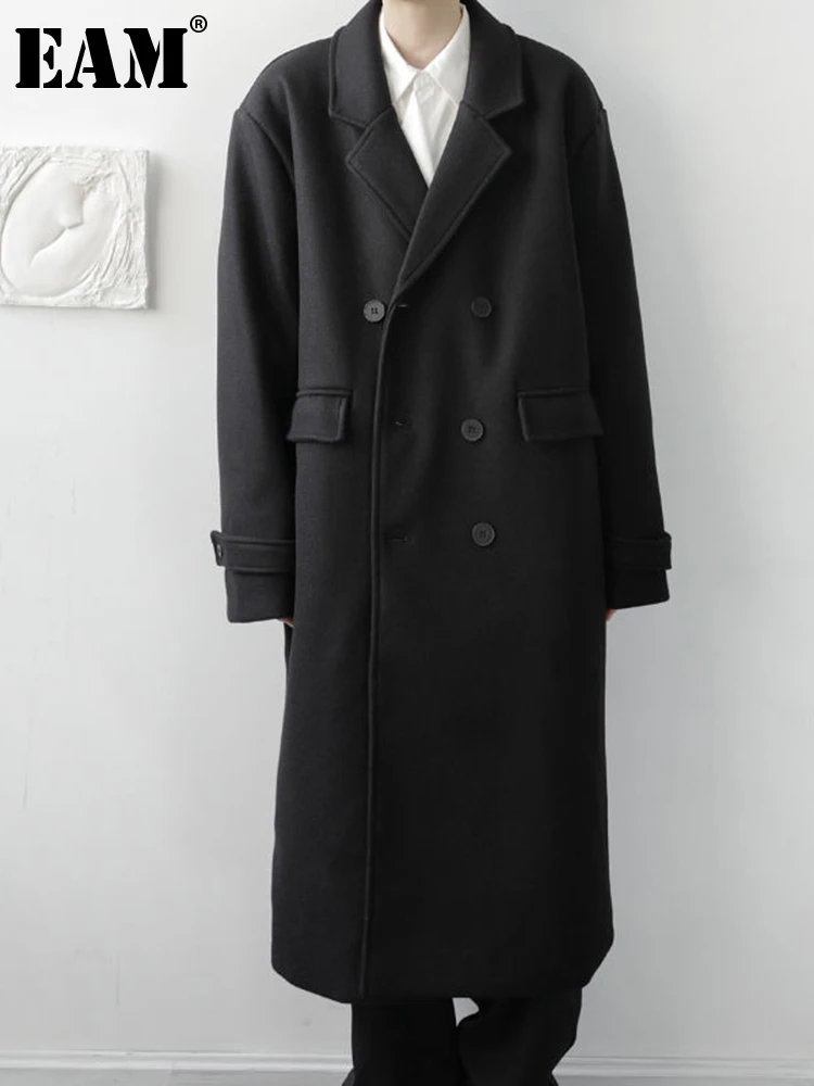

[EAM] Loose Fit Black Vintage Big Size Long Woolen Coat Parkas New Long Sleeve Women Fashion Tide Autumn Winter 2023 1DF0920