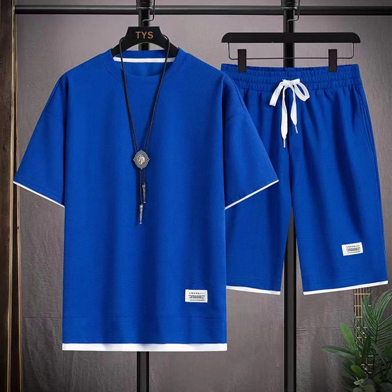 2023 new summer fashion men's two-piece waffle fabric jogging shorts T-shirt Homme Sportswear short sleeve suit men's casual bre