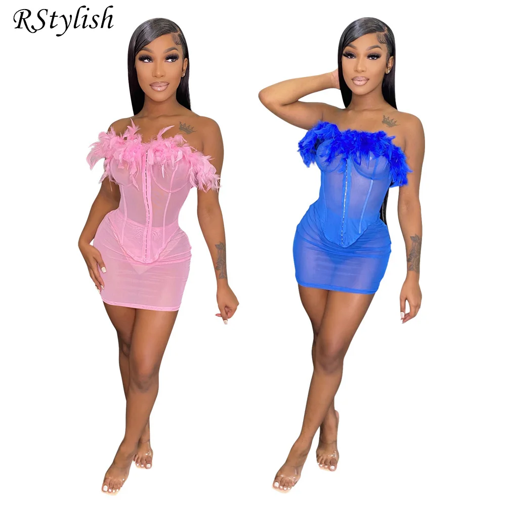 

RStylish Feather Mesh Sheer Tube Top And Mini Skirts Two Piece Set Women Sexy Summer Outfits 2022 Party Club Wear Bodycon 2 Pcs