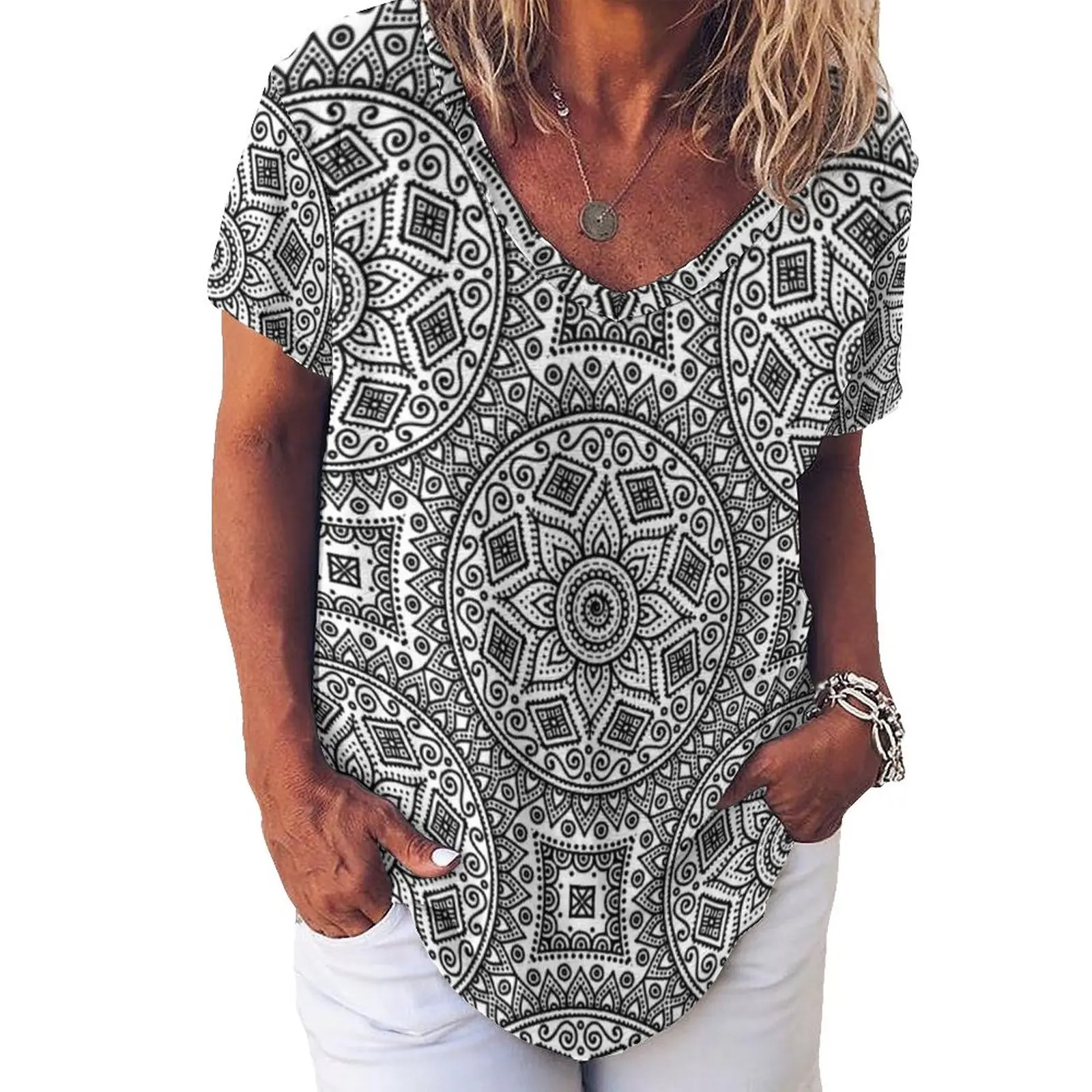 

Футболка женская в этническом стиле, ретро оверсайз топ с коротким рукавом и V-образным вырезом, уличная одежда, лето