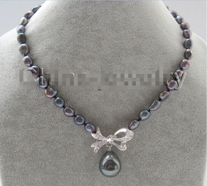 

Fast shipping 17 " 9-11mm black color baroque freshwater pearl necklace + butterfly 20mm shell 6.07