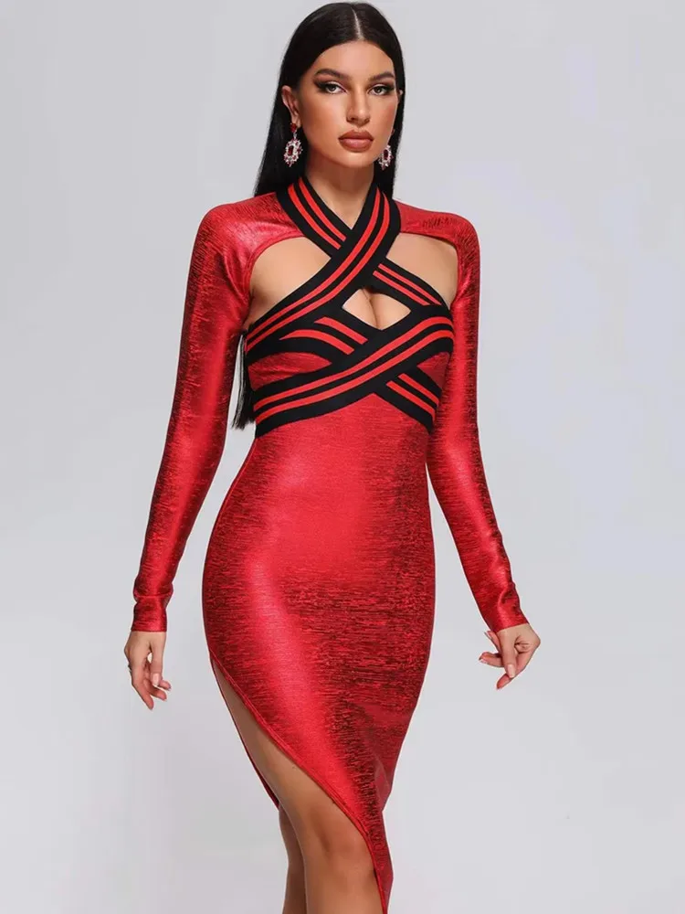 

Women Red Hot Sexy Long Sleeve Bronzing Bandage Dress Strappy Backless Open Leg Asymmetric Evening Club Party Gowns Nightwear