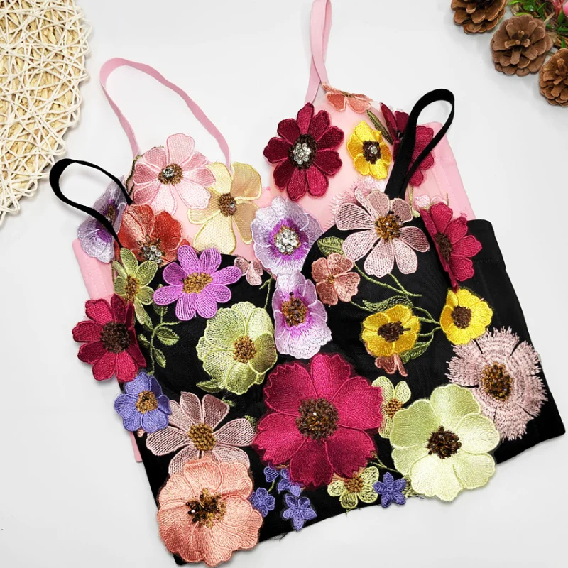 

New Fairy Gas Nail Bead Bra Flower Trend Applique Floral Suspender Underwear Crop Top Wedding Wear Sweet Sexy Girl Top