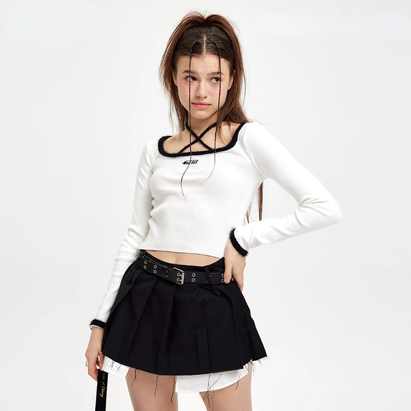

Halter Neck Strap T-shirt 2023 Autumn Slim Casual All-match Knitted T-shirt Korean Fashion Ladies Knitwears Y2k Crop Top Clothes