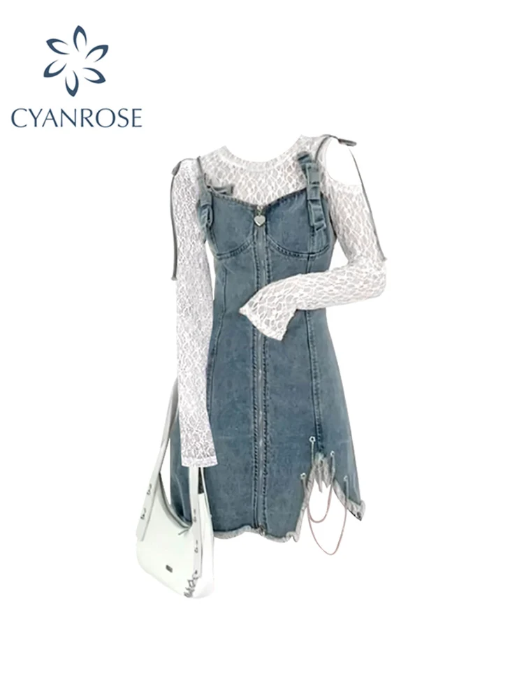 

Women Two-piece Set Sexy Lace Long Sleeved T-Shirt Vintage Denim A-line Suspender Dress Streetwear Casual Chic Female New Summer