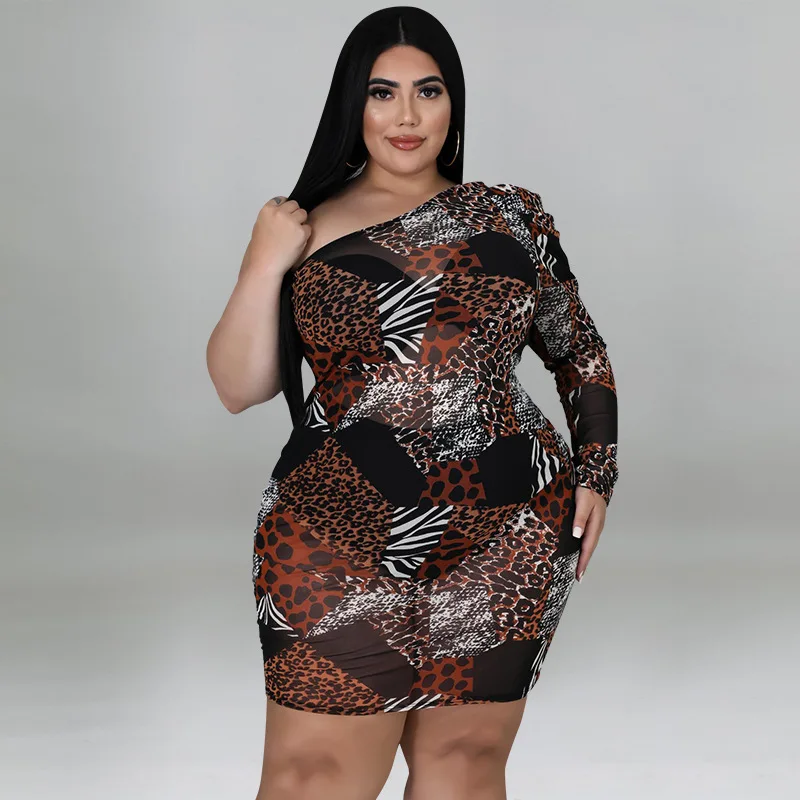 

European Style Woman One-shoulder Dress Summer Mini Vestido Leopard Bodycon Plus Size Woman Dress
