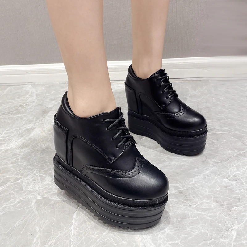 

Женские ботильоны на платформе и высоком каблуке, черные ботинки на танкетке со шнуровкой, Осенняя обувь на танкетке для увеличения роста