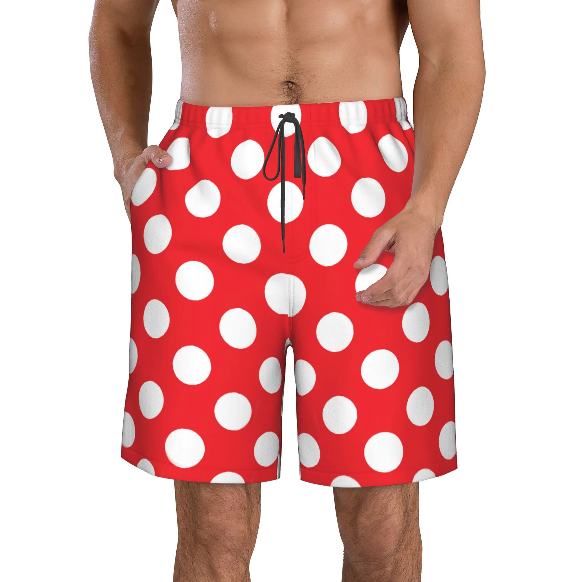 

Red And White Polka Dot Swim Trunks Men Quick Dry Swim Shorts Stretch Water Beach Shorts with Compression Liner Zipper Pocket S