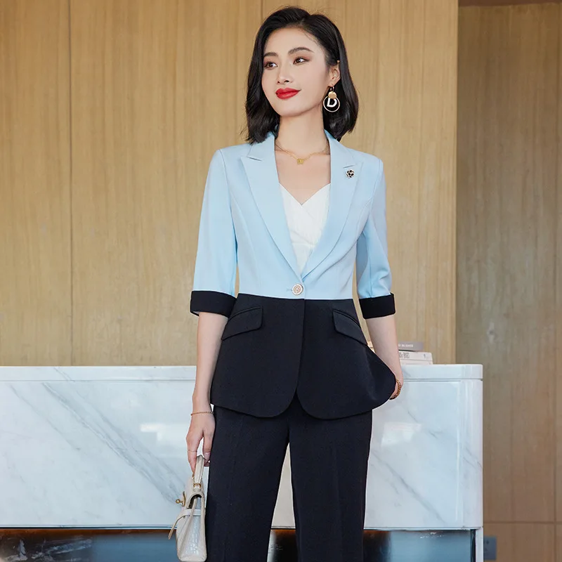 IZICFLY New Style 2023 Summer Half Blue Black Patchwork Business Suits Slim Office Blazer Pant Sets For Women Work Wear Uniform