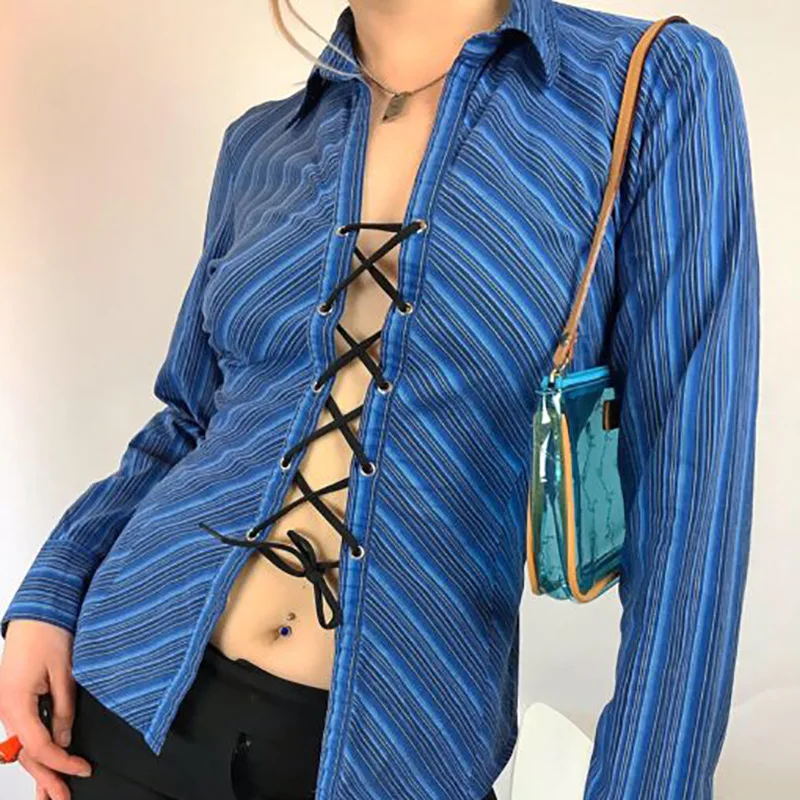 

90s Aesthetics Striped Printing Tie Up Top Y2K Fashion Turn-down Collar Long Sleeve Shirts Vintage Bandage T-shirts Sexy 2021
