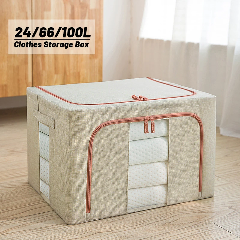 Large-capacity Steel Frame Foldable Clothes Quilt Storage Box Books Toys Transparent Oxford Cloth Storage Box with Lid