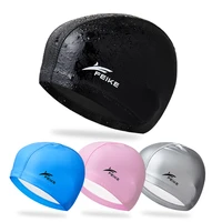 elastic waterproof swimming cap pu fabric protect ears long hair sports swim pool hat free size for men women