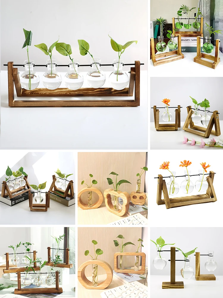 Wooden Hydroponic Flower Vases Vintage Ins Plants Vase Pot Transparent Vase Wooden Frame Glass Plants Vase Tabletop Home Decor