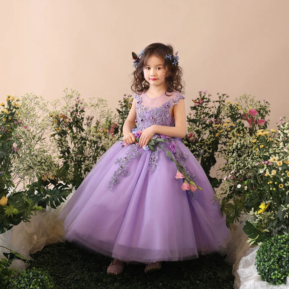 

Flower Girl Elegant Dress First Communion Dresses for Girls Children Purple Tulle Ball Gown Kids Pageant Wedding Clothes for Kid
