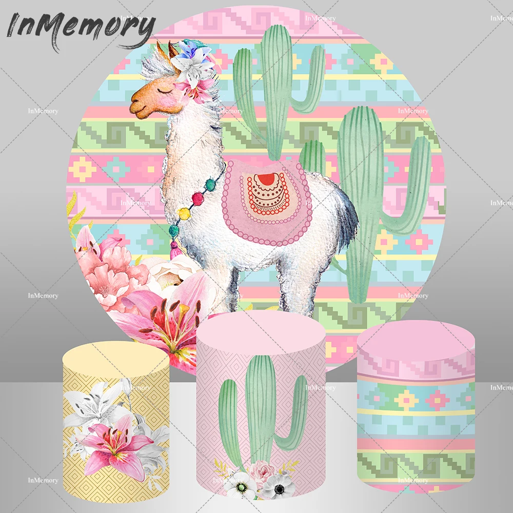 Mexican Fiesta Party Round Backdrop Alpaca Cactus Photography Background Goat Baby Shower Cake Table Circle Cylinder Cover