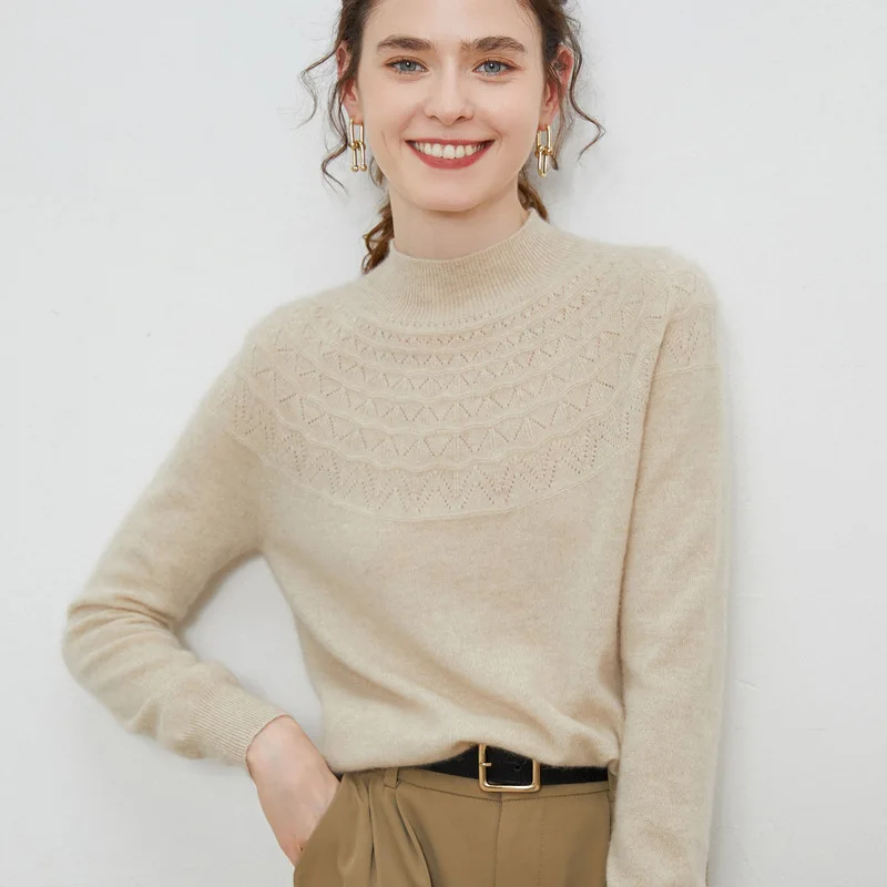 

Winter Women Cashmere Sweater Warm Women Seamless Half Height Sweater Luxury Wool Long Sleeve Top Crew Neck Fitted Pullover