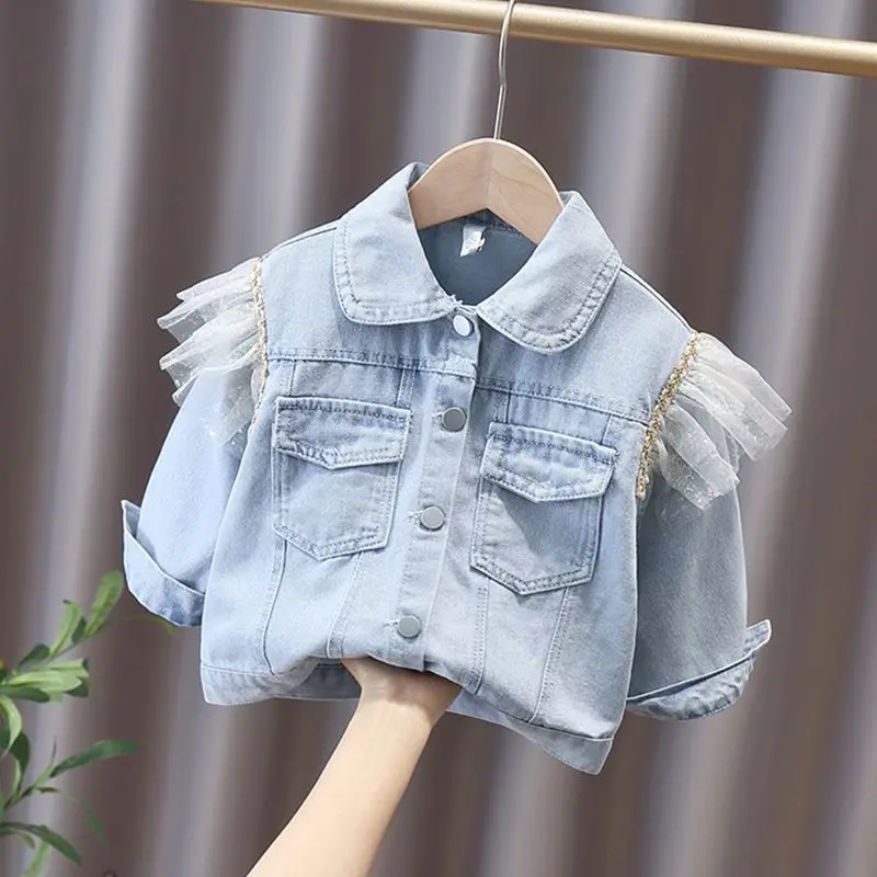 

Cartoon Falbala Girls Full Bow Casual Jean Denim Toddler Outwear Girl Sleeve Spring Fall Fashion Embroidery Jacket Cat Tops Lace