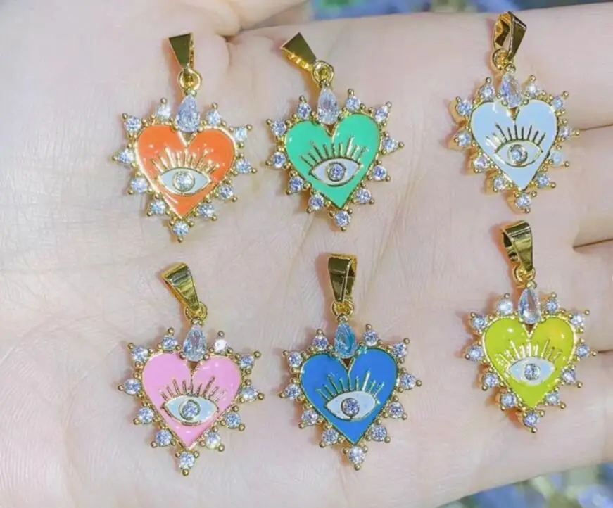 1pcs heart Evil Eye Pendant Jewelry Making DIY Cubic Enamel Gold Plated Copper Coin Accessories for necklace Make sf4s - купить по