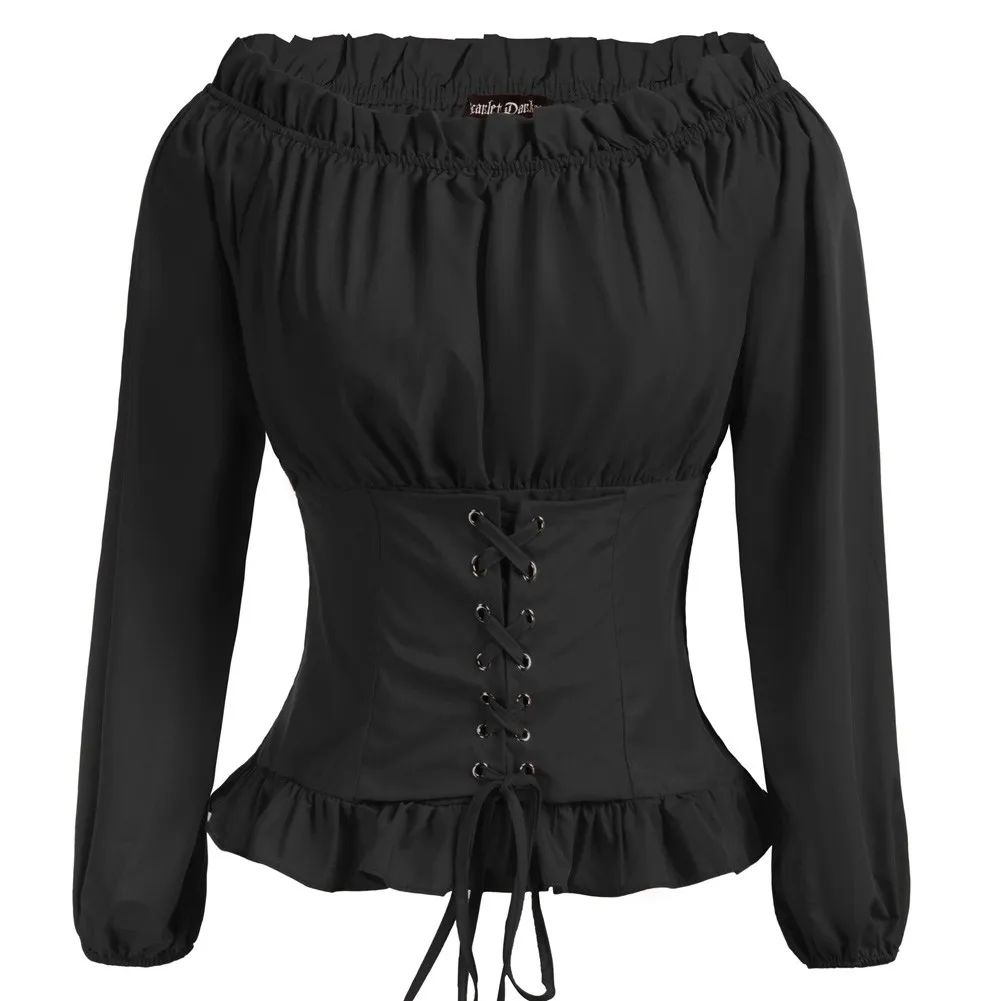 

SL Blouse Women Off-The-Shoulder Long Sleeves Retro Vintage Women Renaissance Gothic Corset Style Tops Shirt Ruched Clothing