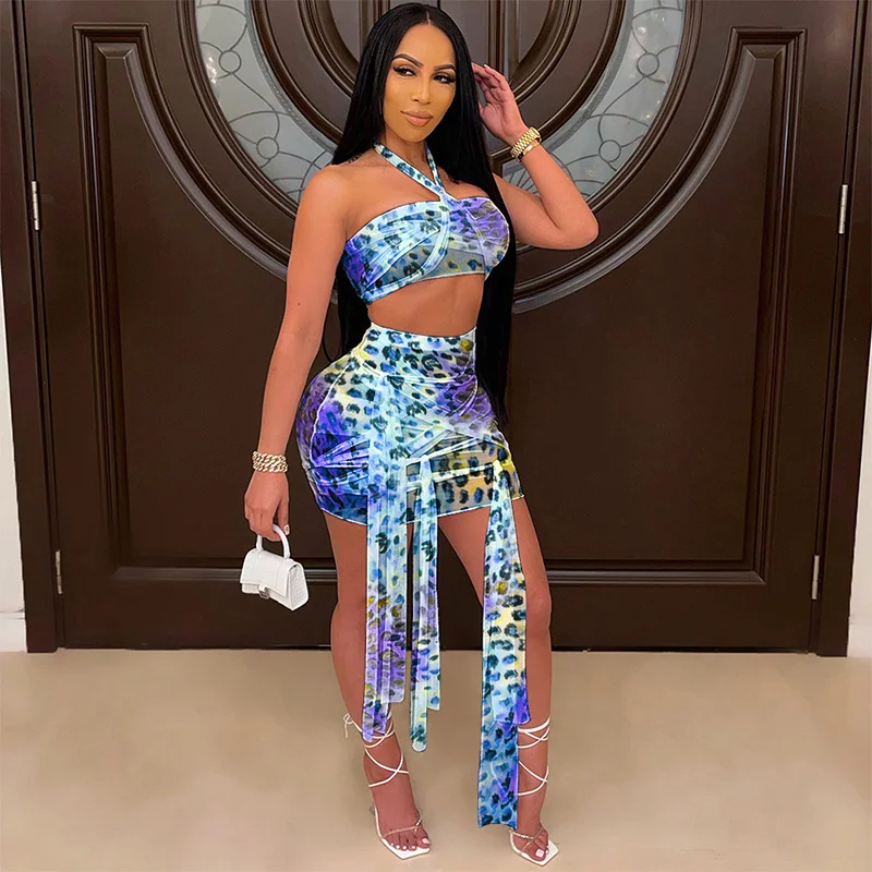 

Chic Leopard Print Wrap Skirt Set Summer Halter Neck Mesh Crop Top And Tie-Up Skirt Set Party Club Wear Rave Outfits