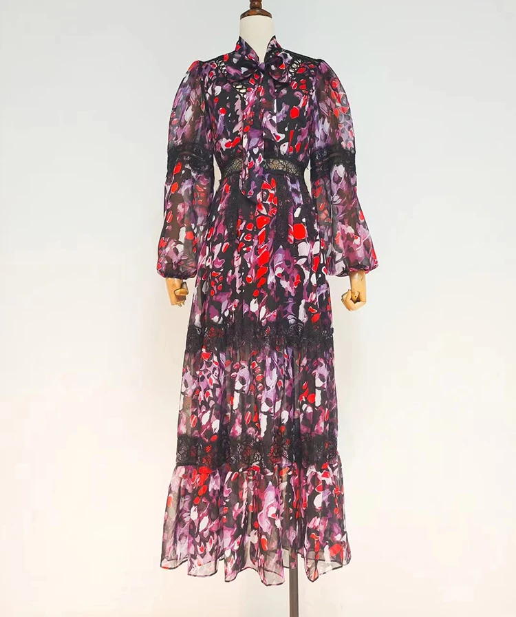 

Flower Printed Lantern Sleeves Women Chiffon Dress Ribbon Bow Lace Patchwork Backless Elegant Long Chiffon Dresses