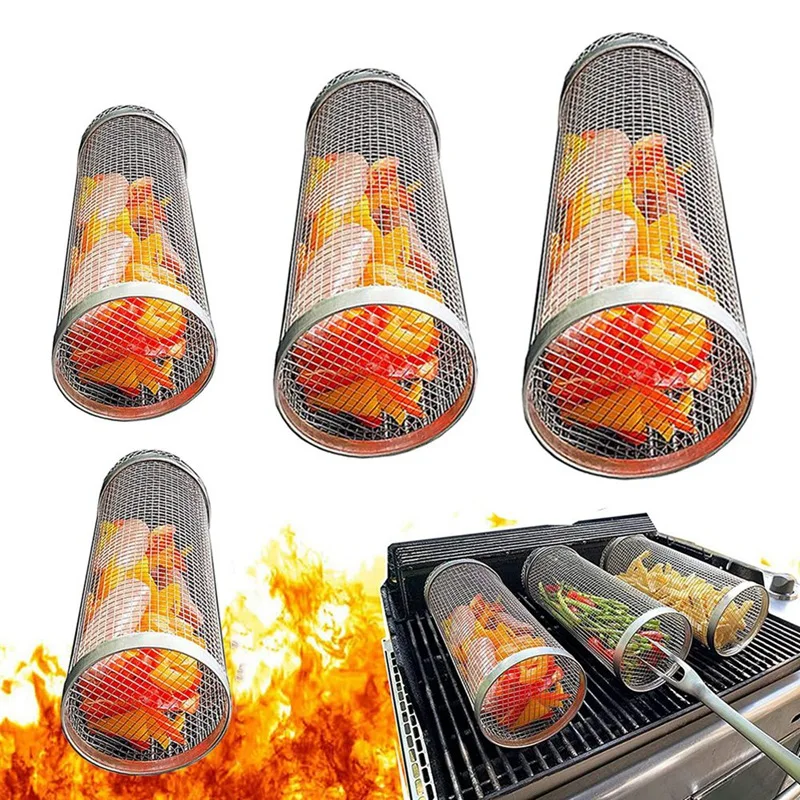 

3Piece BBQ Grill Basket Rolling Grilling Basket Stainless Steel Grill Mesh Barbeque Grill Portable Grill Baskets For Meat