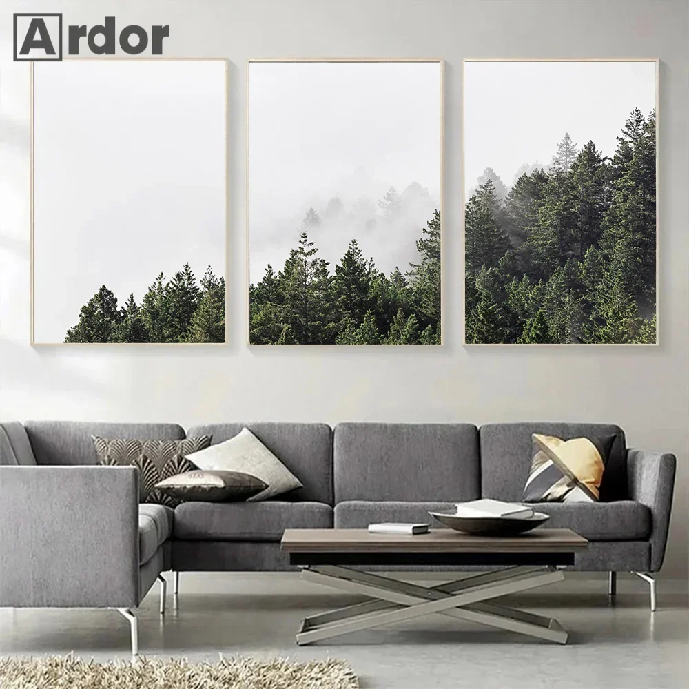 Природа Туманная Гора Туманный Лес Зеленый Настенное Искусство Холст Картина