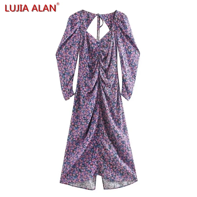 

Autumn New Women's Flower Printed Pleated Slim Midi Dress Female Casual Puff Sleeve Sexy Backless Vestidos LUJIA ALAN WD3017