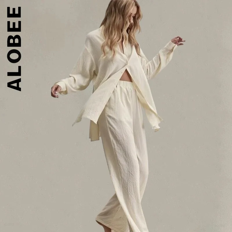 Alobee New Women Set Vintage Long Pants Loose Elegant LapelTwo Piece Sets Trousers Women Loose Sweatsuits For Women Female