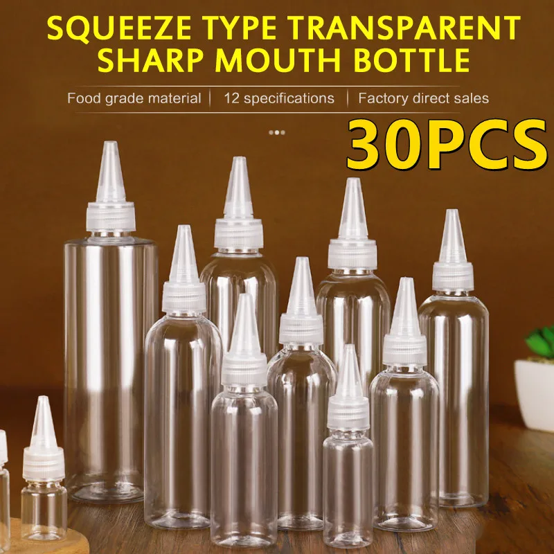 30PCS Plastic Squeeze Dropper Bottle 5-250ml Transparent Sharp-mouth Plastic Squeezable Sub-bottled Split Refillable Bottle