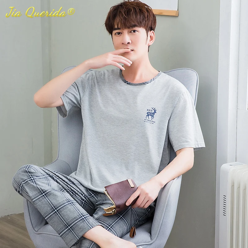 Мужская одежда для сна хлопковые пижамы летние шорты топ + длинные штаны модная