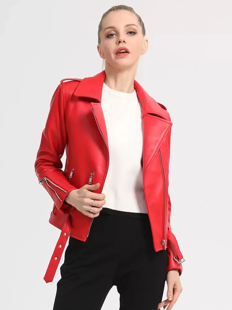 New Women Genuine Leather Jacket Spring Autumn Casual Turn-downCollar Streetwear Style Short Sheepskin Coat Slim Biker Outerwear