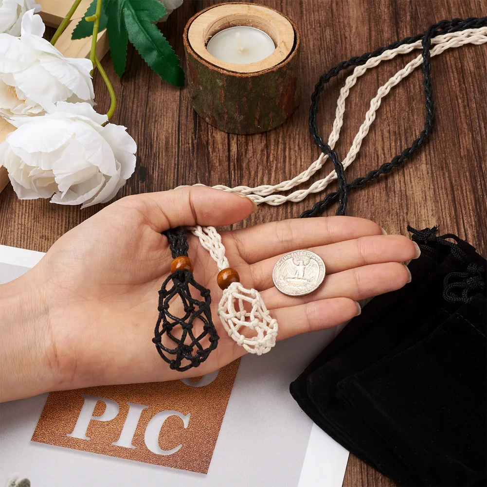 6Pcs Adjustable Braided Waxed Cord Empty Stone Holder Wax Rope Quartz Crystal Net Bag with Macrame Pouch Pendant Necklace Making images - 6