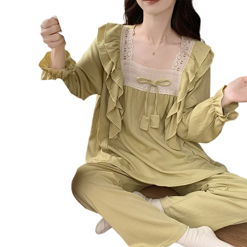 

New Retro Palace Style Pajamas For Women, Thin And Simple Lace Spring Autumn, Long Sleeved Princess Home Wear Suit Square Neck