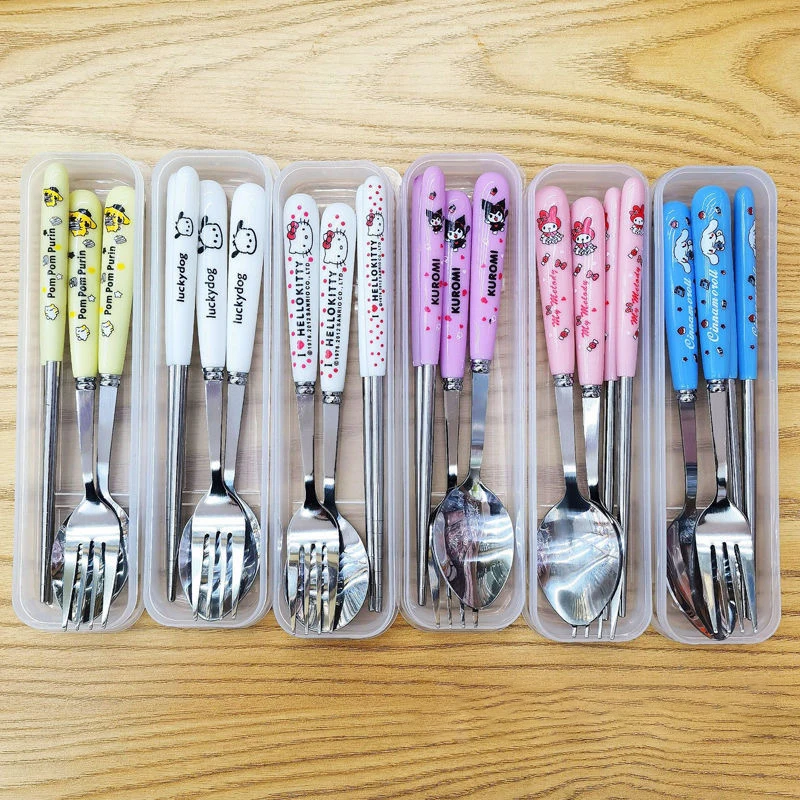 

Sanrio Hello Kitty Kuromi Cinnamoroll Pachacco Travel Portable Cutlery Set Fork Spoon Student Dinnerware Sets Kitchen Tableware