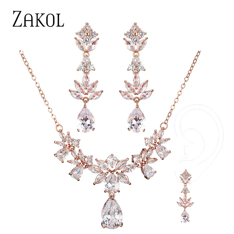 

ZAKOL New Classic Water Drop AAA Cubic Zirconia Engagement Wedding Jelewery Set for Women Luxury Charm Necklace Earrings SP3417