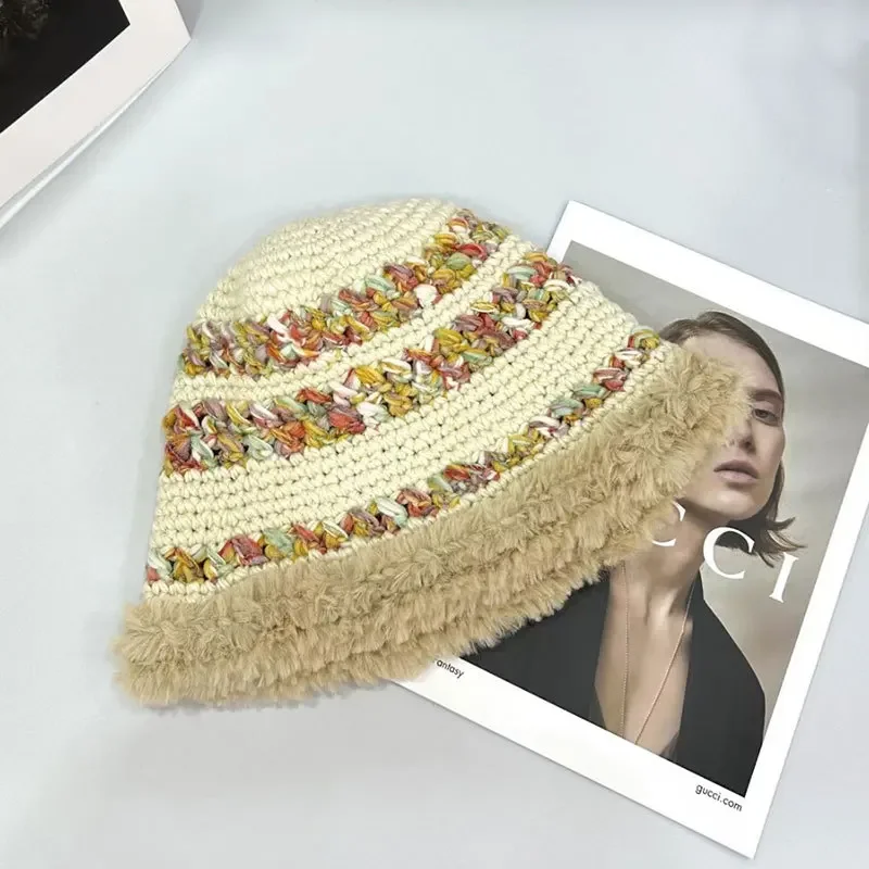 Wholesale New 2024 Korean Style Colorful Striped Plush Fishing Cap Women's Large Head Circumference Warm Thickened Pot
