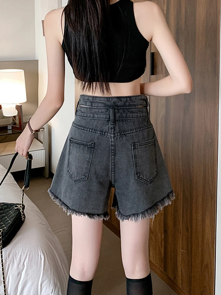 Spring Summer Women Vintage Frayed Hole Denim Shorts Streetwear Female High Waist Button Wide Leg Jeans Skirts Bottoms