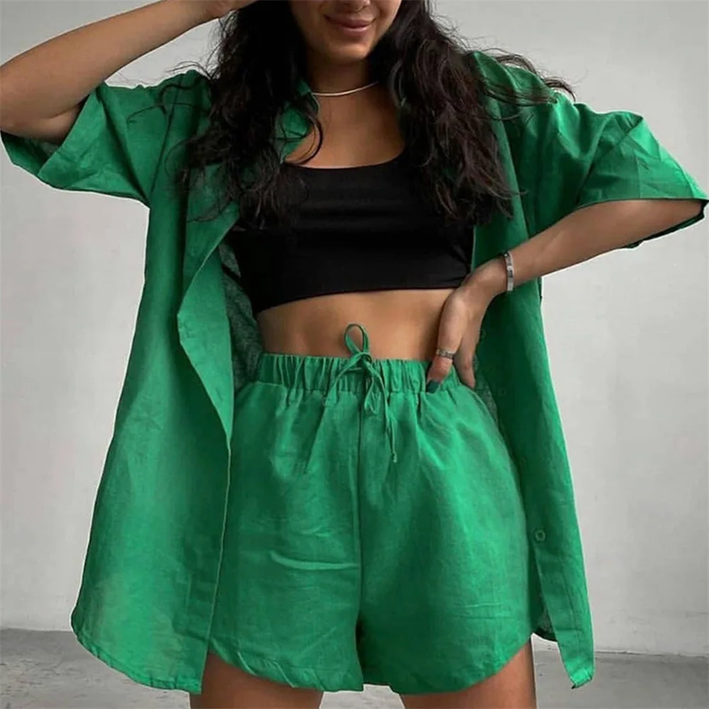 Loose Casual Cotton Button Turn Down Collar Short Sleeve Top High Waist Shorts Suits Summer Shirts Women Clothes Two Pieces Sets