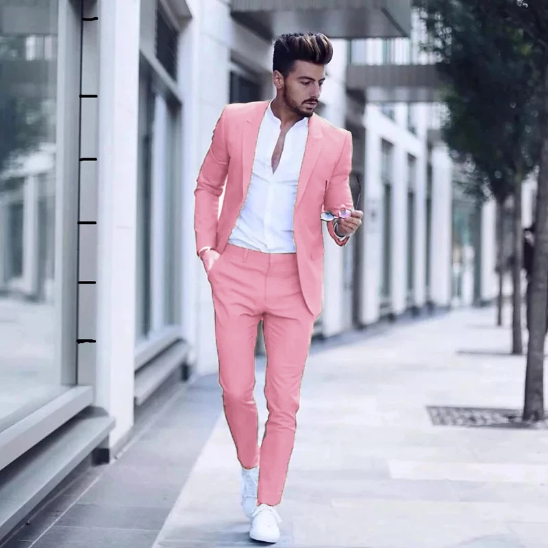 

2022 Casual Fashion Luxurious Business Men's Suit for Wedding Party Tuxedos Slim Fit Peak Lapel Pink Suits Male(Jacket+Pants)