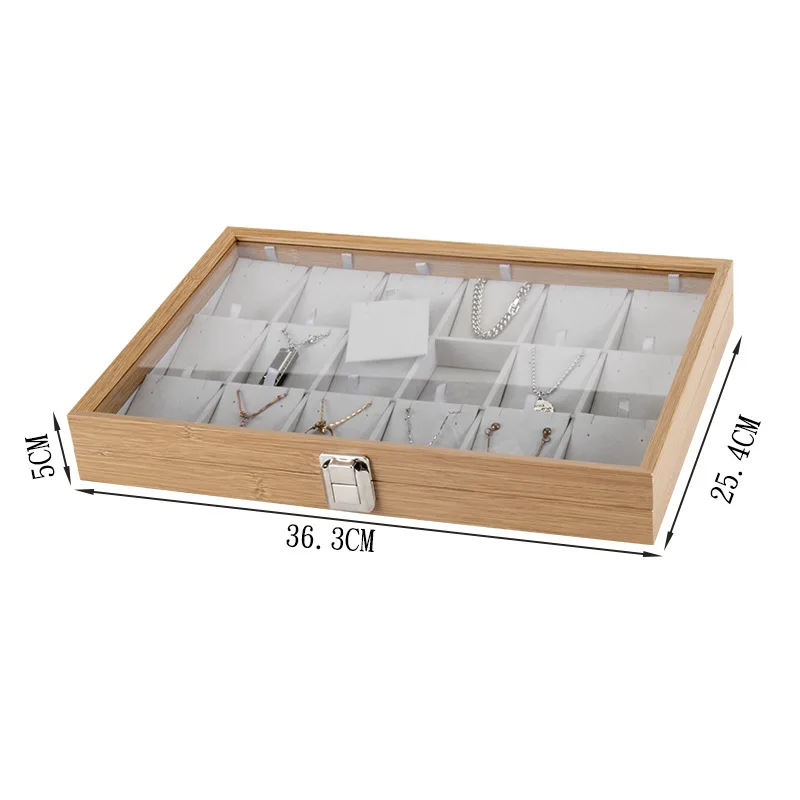 18 Grids Wooden Pendant Case Necklace Storage Jewelry Organizer Tray Holder Box Showcase with Windowed Glass Cover For Drawer