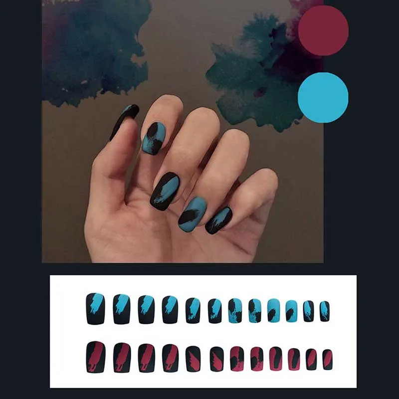

Фальшивые накладные ногти с голубым и черным граффити, съемные патчи для маникюра, накладные ногти для дизайна ногтей, инструменты для диза...