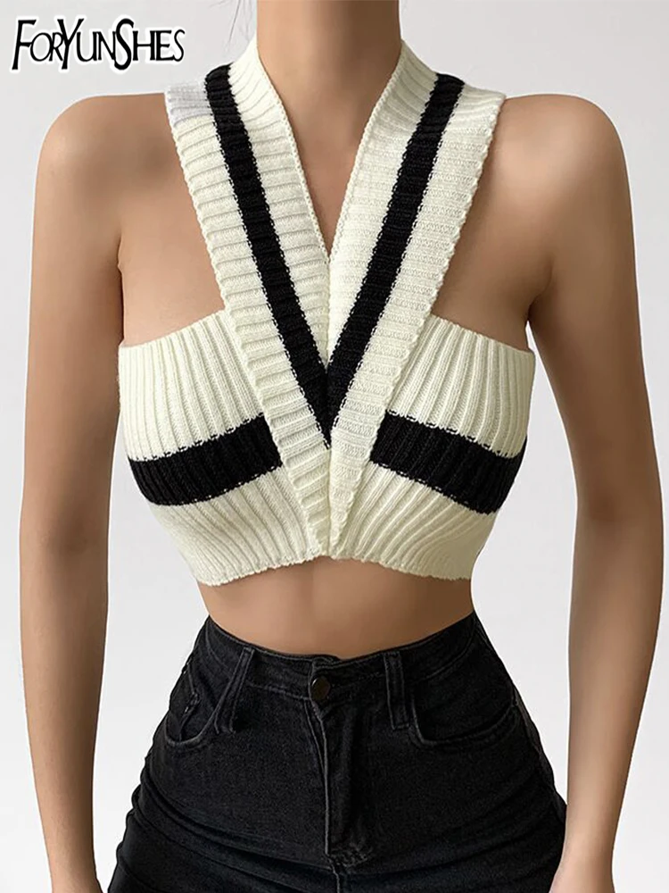 

Sexy Bicolor Knitted V Neck Off Shoulder Corset Camisole Top Women Vintage Cropped Tank Tops 2022 Summer Punk Grunge Clothes