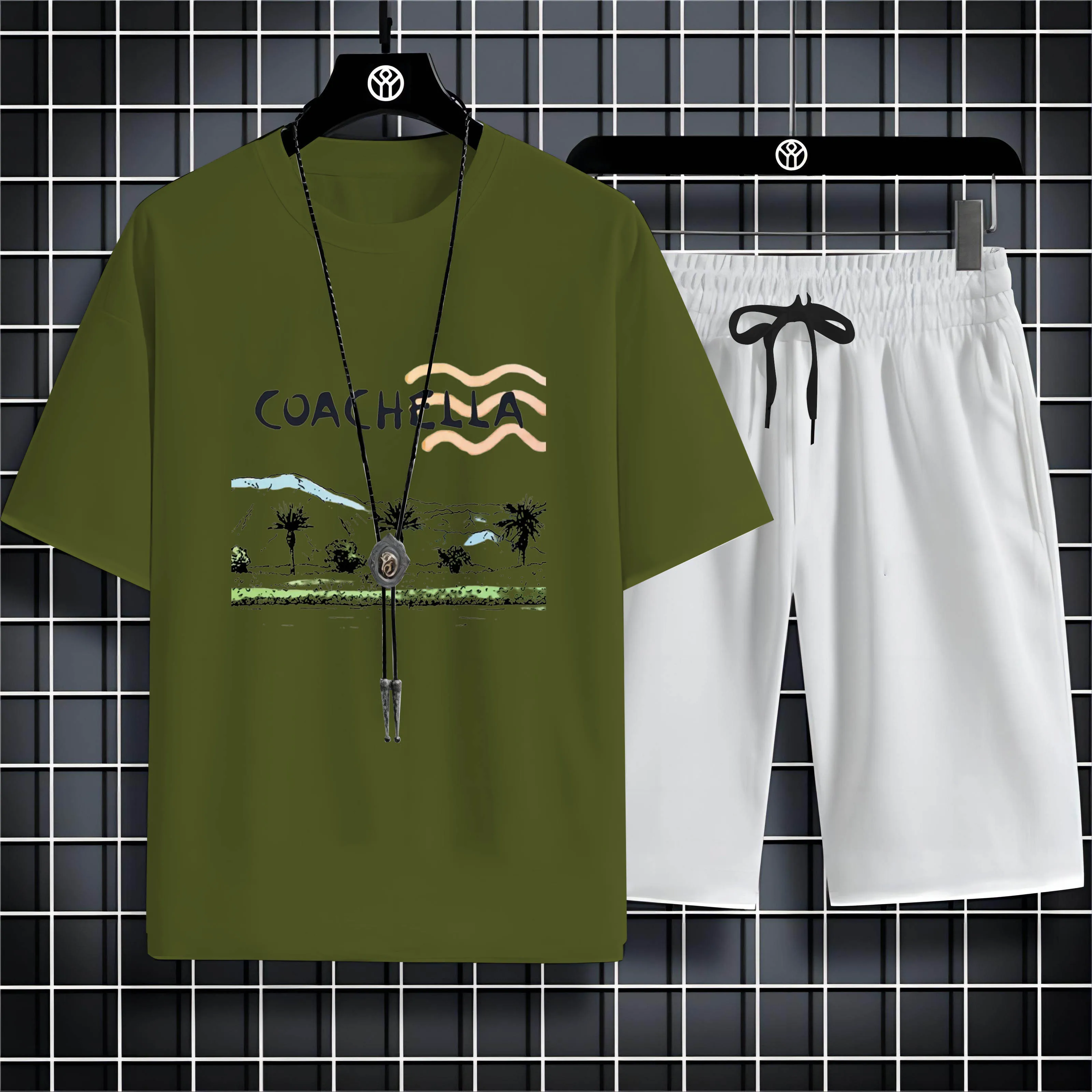 

2023 Suitable For Adult Male Summer Crew-Neck Loose 2d Printed Refreshing Breathable Beach Coconut Short Sleeve Short Shirt Set