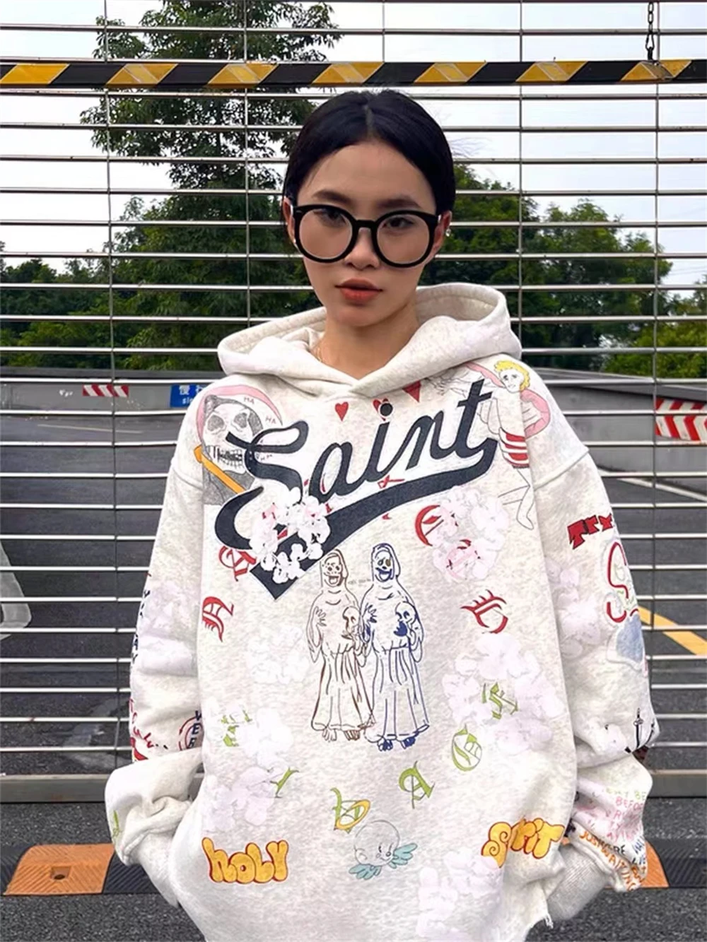 

Autumn and Winter New Saint Michael Co branded Kapok Graffiti Print Retro Hoodie American Casual Loose Fashion Sweater Plush