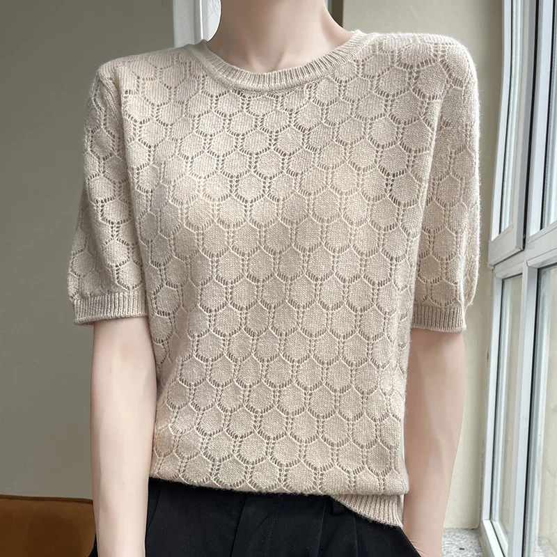 100% чистый свитер женский ажурный с коротким рукавом свободный футболка