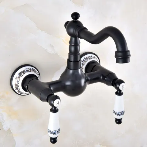 Черный бронзовый настенный поворотный кран для раковины в ванную комнату, смеситель с двойной ручкой, настенный кран Lnf864
