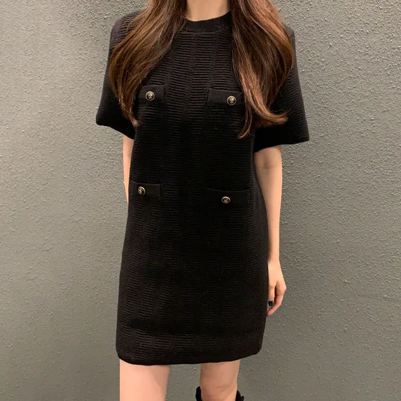 

Korean Fashion OL Solid Color Knitted Dress Woman O Neck Pearl Short Sleeve Loose Casual Female Office Mini Dresses Dropshipping