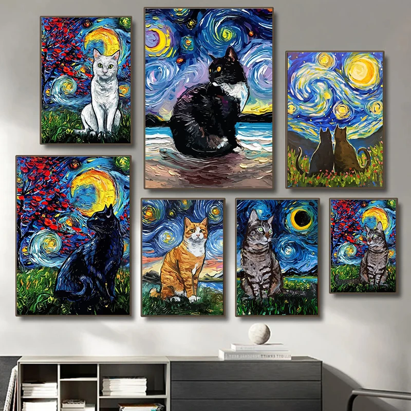 

Funny Cat Starry Night Van Gogh Poster Print Abstract Modern Wall Art Canvas Painting for Living Room Home Decoration Picture